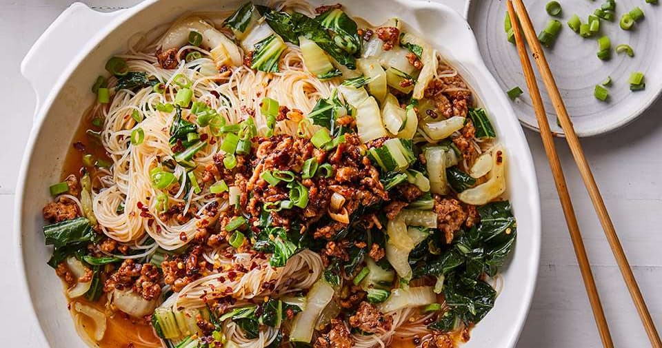Spicy Noodles with Pork, Scallions & Bok Choy